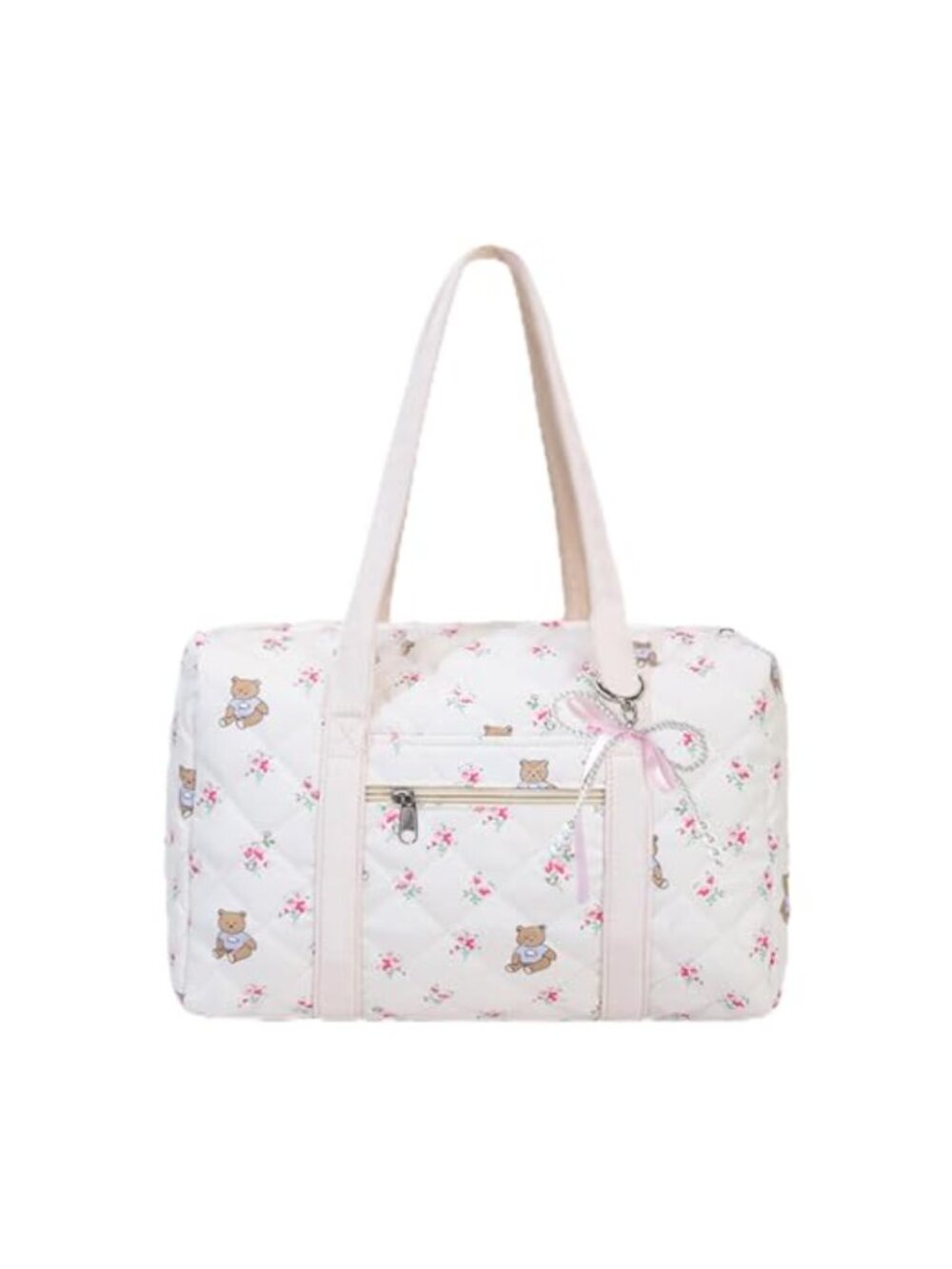 Quilted Tote Bag with Bow Charm Nylon Travel Duffel Bunny Floral